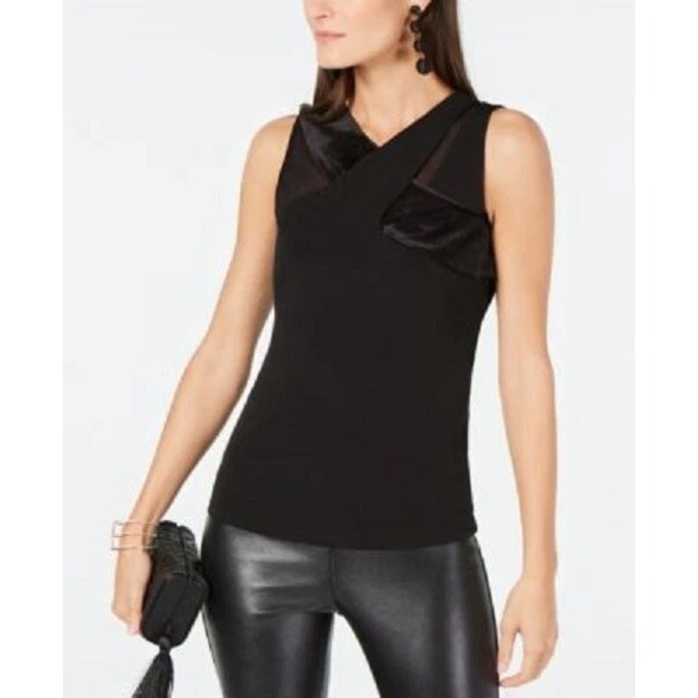 INC International Concepts Black Velvet Trim Sleeveless V-Neck Top Size M